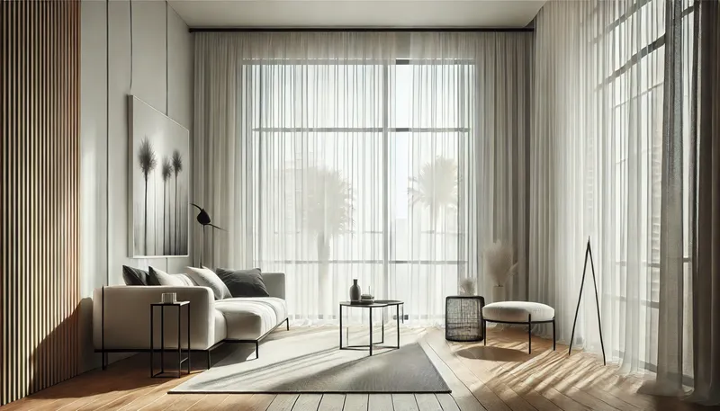 Minimalist Curtain Ideas 1. A modern, minimalist living room featuring sheer white curtains Minimalist Curtain Ideas 1. A modern, minimalist living room featuring sheer white curtains