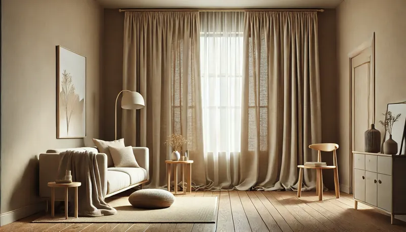Minimalist Curtain Ideas 2. A cozy, minimalist living room featuring beige linen curtains Minimalist Curtain Ideas 2. A cozy, minimalist living room featuring beige linen curtains