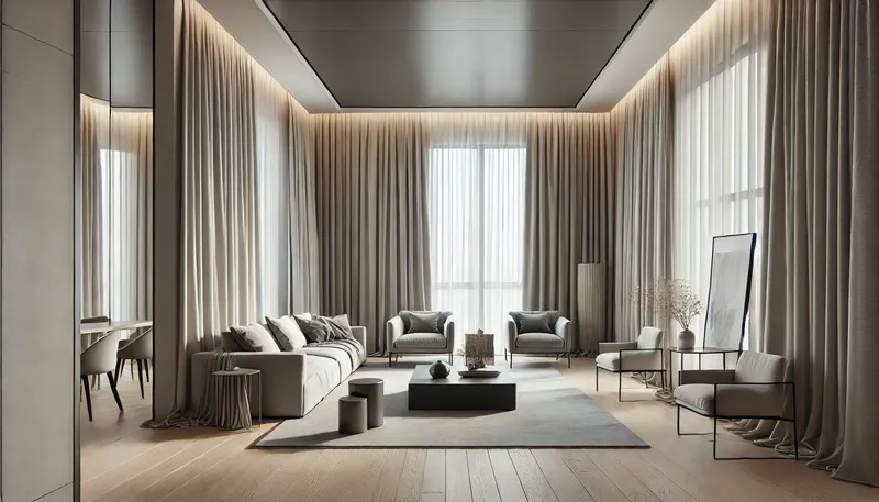Minimalist Curtain Ideas 3. A contemporary living room with floor to ceiling neutral curtains Minimalist Curtain Ideas 3. A contemporary living room with floor to ceiling neutral curtains