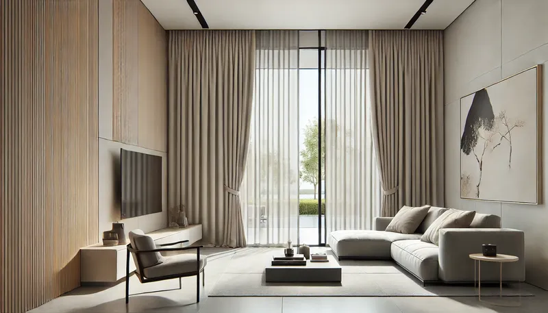 A sleek and modern living room featuring Japanese panel curtains A sleek and modern living room featuring Japanese panel curtains